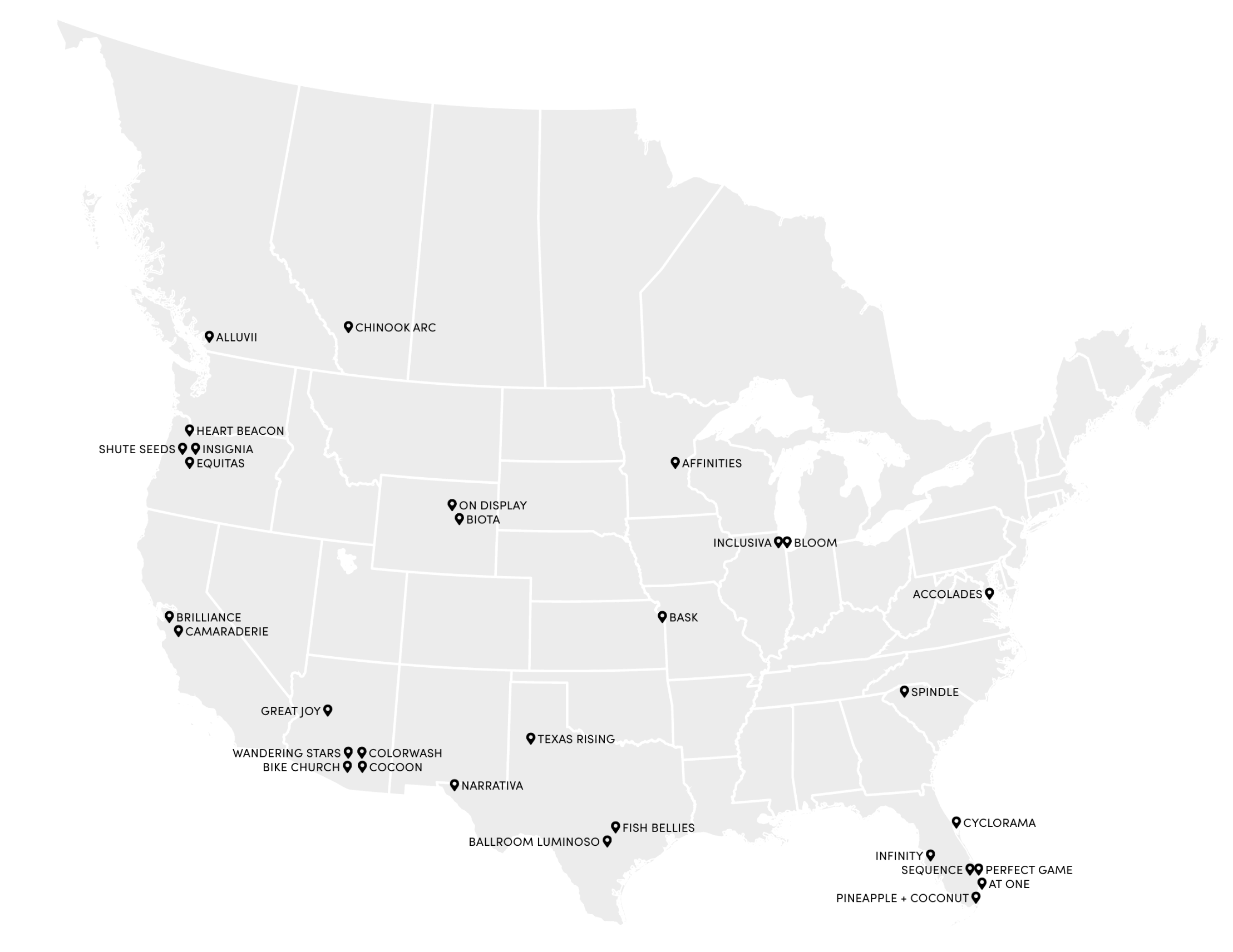 A grayscale map of the United States and parts of Canada labeled with various locations named with themed words. Some notable names include "Heart Beacon," "On Display," "Texas Rising," "Ballroom Limbo," and "Perfect Game"—each marked with a pinpoint, creating a dark yet inviting sense of exploration and home.